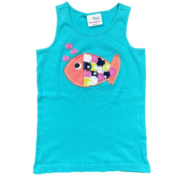 Hanna Andersson Fish Applique Tank Top Girls Size 130cm Turquoise Pima Cotton - Picture 1 of 10